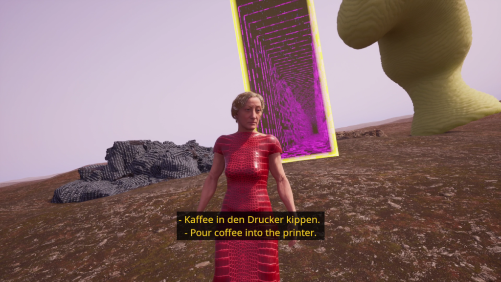 Das Bild zeigt eine mittig stehende animierte Frau mit grauen Haaren im roten Kleid. Im Hintergrund ist ein brauner Boden, Steine, ein pink leuchtendes zweidimensionales Portal und ein gelber übergroßer Wurm abgebildet.