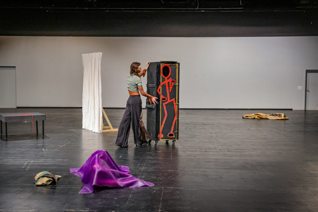 Das Bild zeigt eine Fotoaufzeichnung aus der Performance "gender is a magic trick i forgot how to perform". In der Mitte des Bildes schiebt eine Person mit schwarzer Hose und grünen Oberteil eine schwarze ungefähr gleich großer Zauberkiste mit einer roten Strichfigur aufgemalt auf einer Bühne. Um sie herum liegen und stehen verschieden Objekte wie ein kniehoher Tisch, Tücher und Silikon in Lila und Beige und einen weißen stehenden Vorhang.