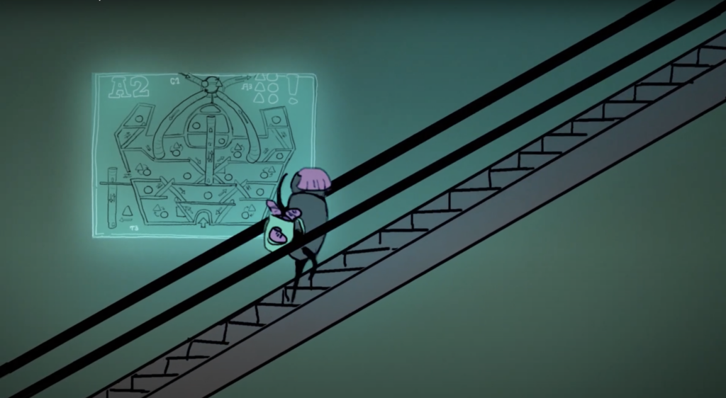 Das Bild zeigt eine Phantasielandschaft mit der Seitenansicht einer Rolltreppe. Auf der Rolltreppe steht eine Person mit lilalenen Haaren. Im Hintergrund ist ein leuchtender Lageplan von einem Trichtergebäude zu erkennen. Die Grundfarbe des Bildes ist ein schummriges Waldgrün.