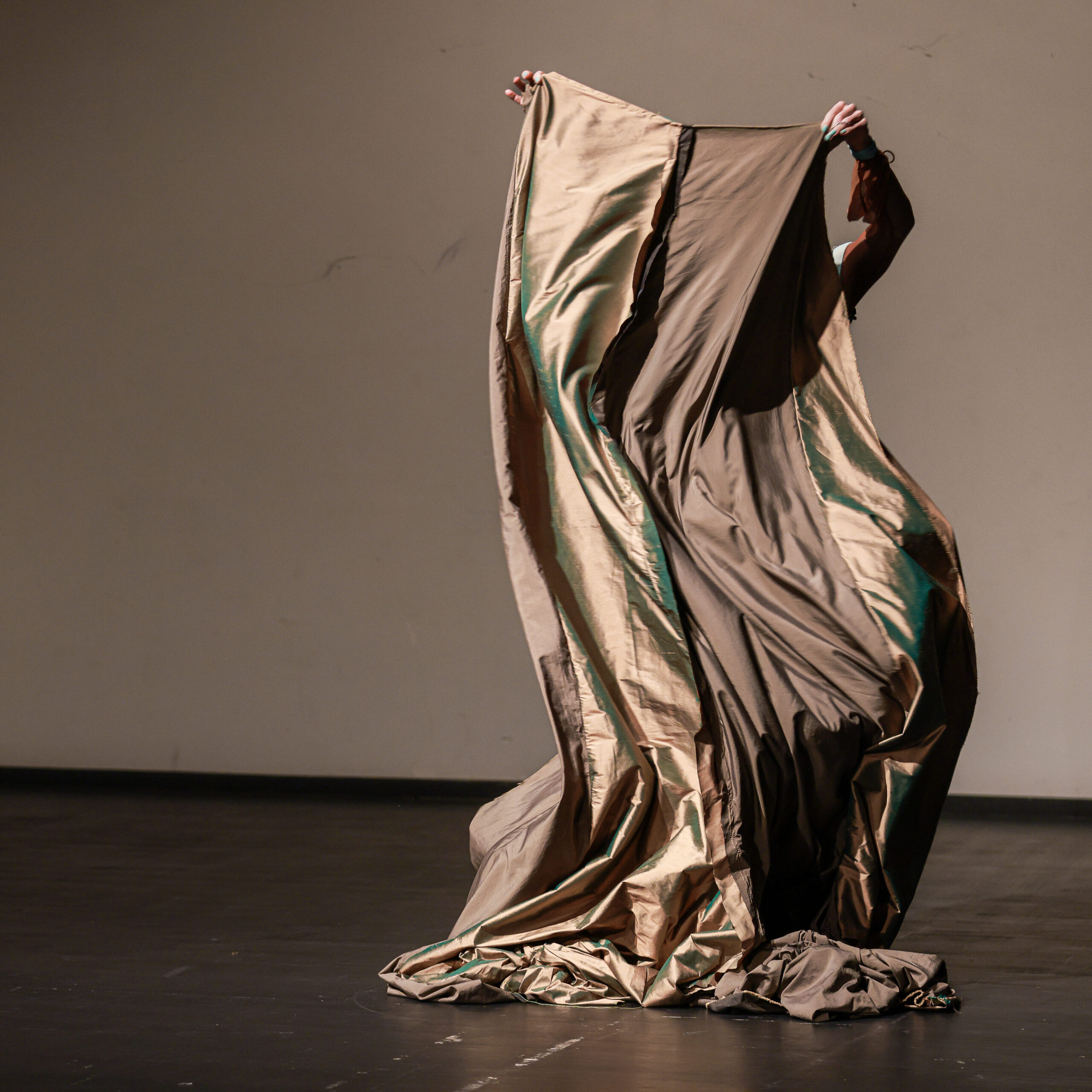 Das Bild zeigt eine Fotoaufzeichnung aus der Performance "gender is a magic trick i forgot how to perform". Rechts neben der Mitte des Bildes hält eine Person einen beige, goldenen, braunen Vorhang der durch seine geschwungenen Falten funkelt.