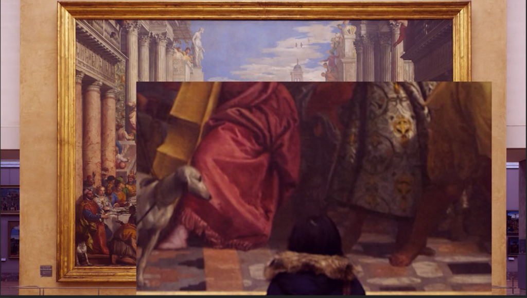Das Bild zeigt einen Museumsraum mit einem Raumgroßen Gemälde und ein darüber liegendes collagiertes Bild von einer Nahaufnahme des Bild und eine Person die sich dieses Bild anschaut.